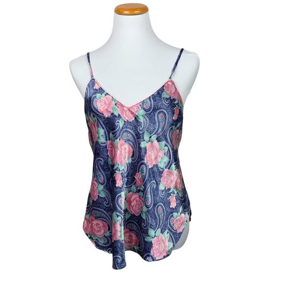 Vintage Kathryn Cami Top Blue Pink Rose Floral Satin Women's L - Picture 1 of 5